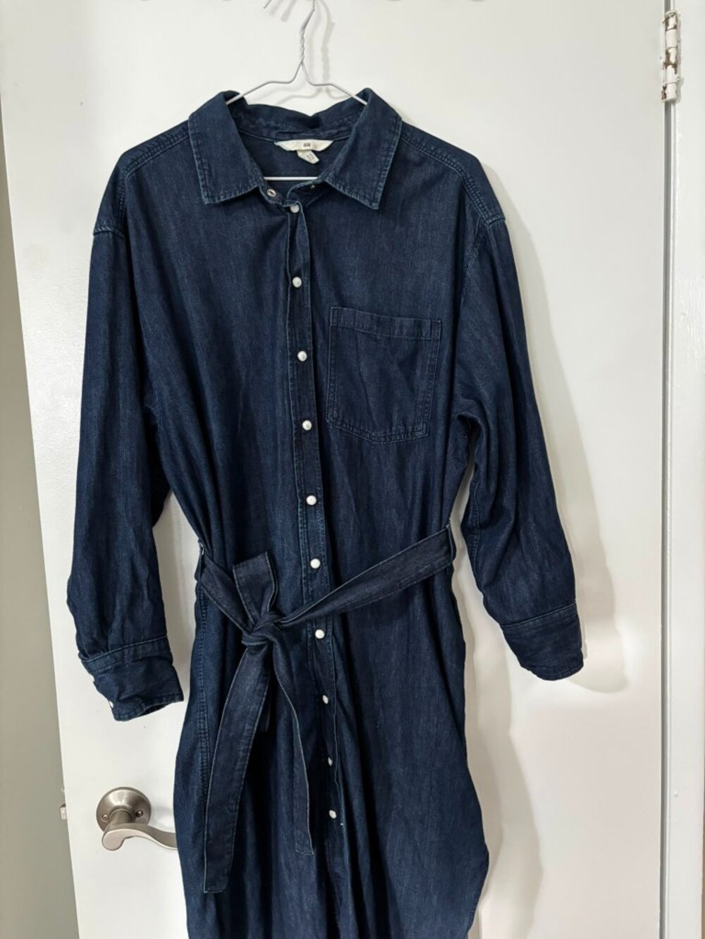 H&M Dark Wash Denim Shirt Dress | Belted Button Front | Size L